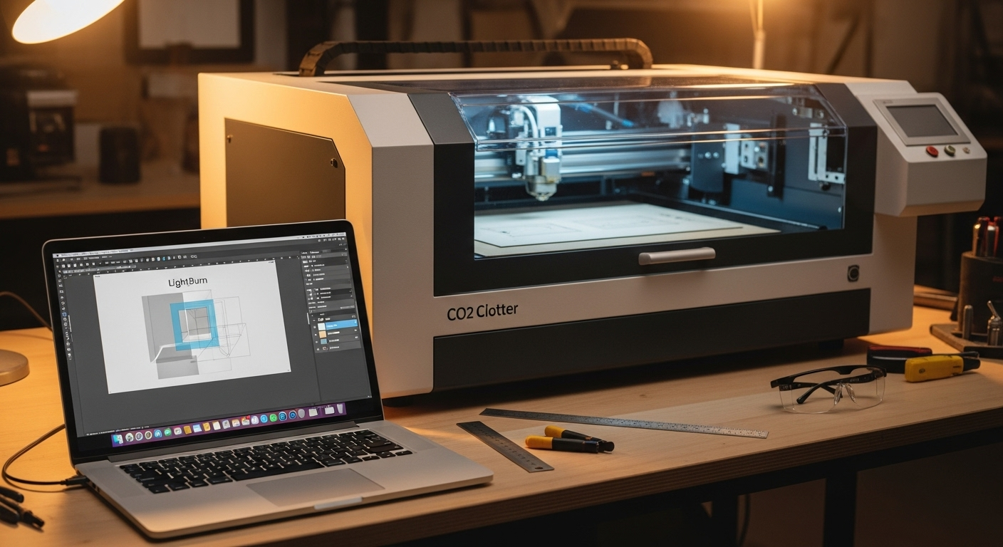 CO2 Lasercutter neben Laptop mit LightBurn Software